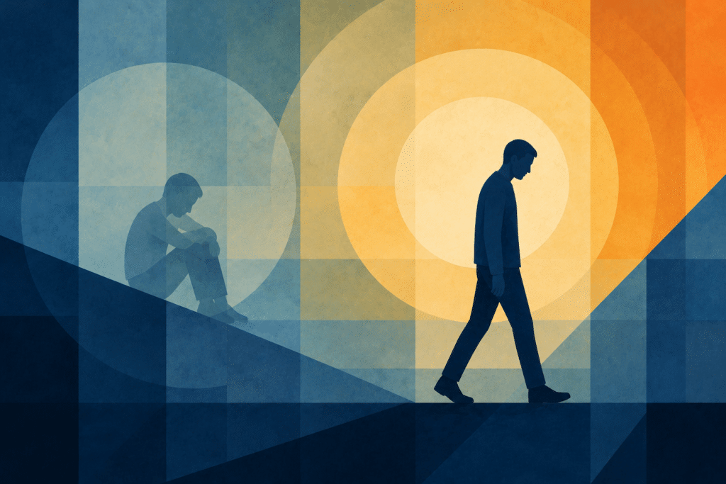 Geometric image of man feeling disembodied for a blog called The Connection Between Anxiety + Dissociation for Clearview Treatment Programs