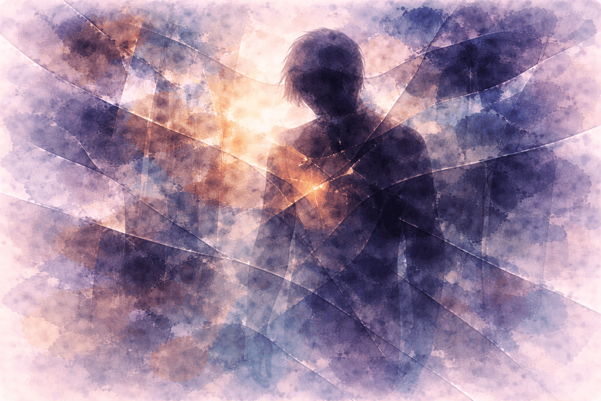 Watercolor of a fractured form emerging from a clear place of darkness for blog called Quiet BPD: High-Functioning Borderline Personality Disorder