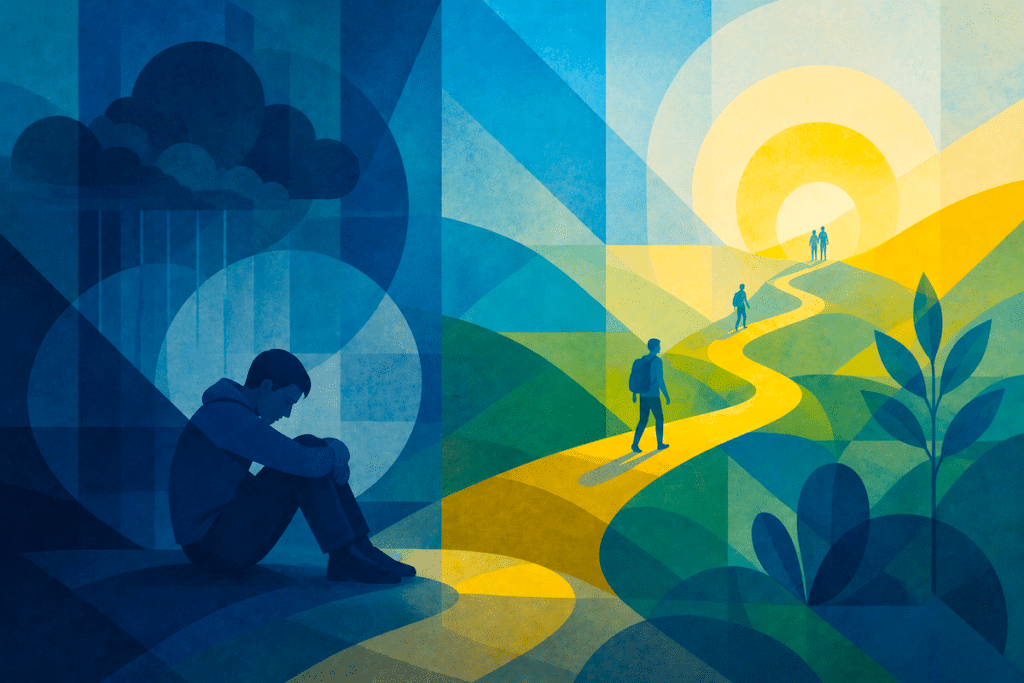 Geometric painting of mental health journey for blog titled: Can PTSD Be Cured? What Recovery Really Looks Like
