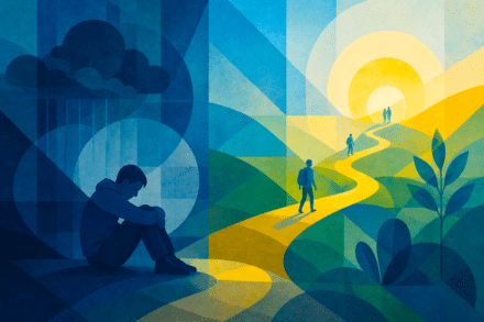 Geometric painting of mental health journey for blog titled: Can PTSD Be Cured? What Recovery Really Looks Like